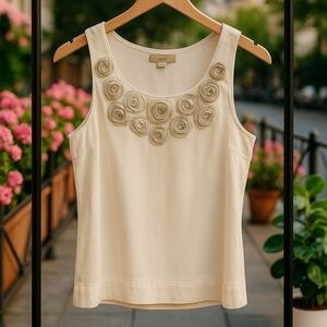 LOFT Ivory Sleeveless Top with Rosette Embellished Neckline Size M‎